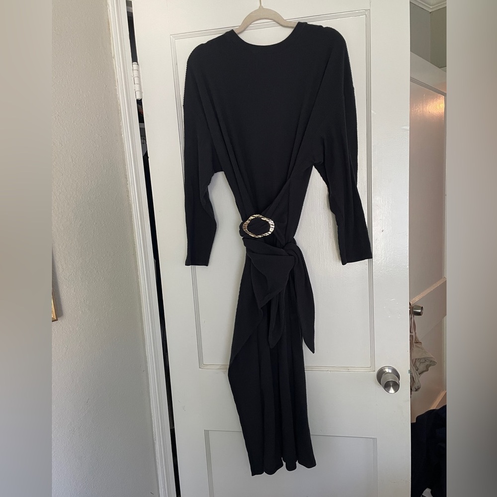Black Long Sleeve Knit Dress with Accent Buckle